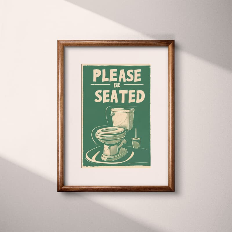 Matted frame view of A vintage linocut print, the words "PLEASE BE SEATED" with a toilet