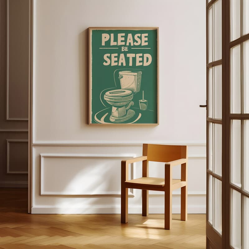 Room view with a full frame of A vintage linocut print, the words "PLEASE BE SEATED" with a toilet