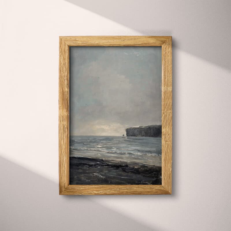 Full frame view of An impressionist oil painting, the ocean under a gray sky, a cliff in the distance