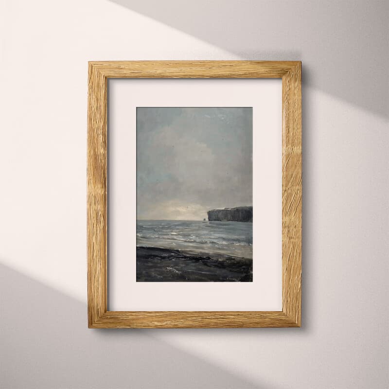 Matted frame view of An impressionist oil painting, the ocean under a gray sky, a cliff in the distance