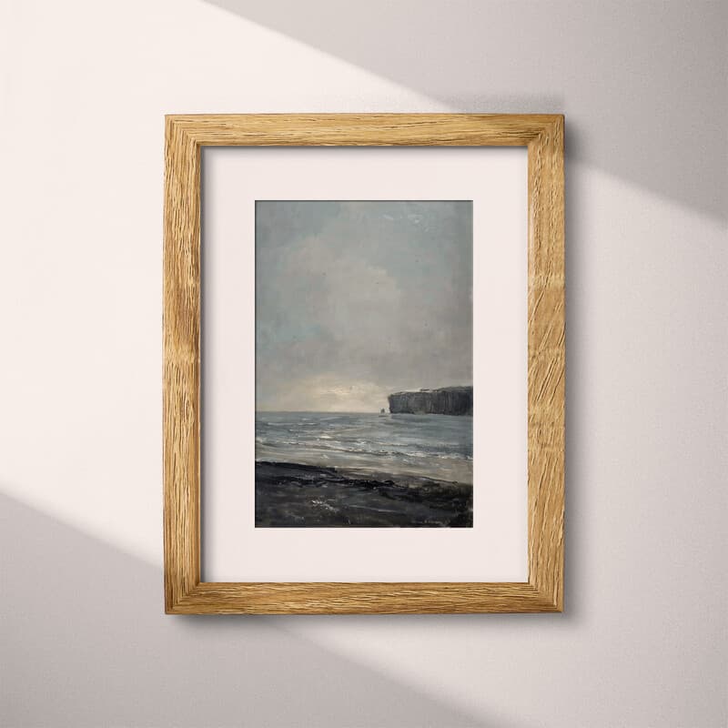 Matted frame view of An impressionist oil painting, the ocean under a gray sky, a cliff in the distance