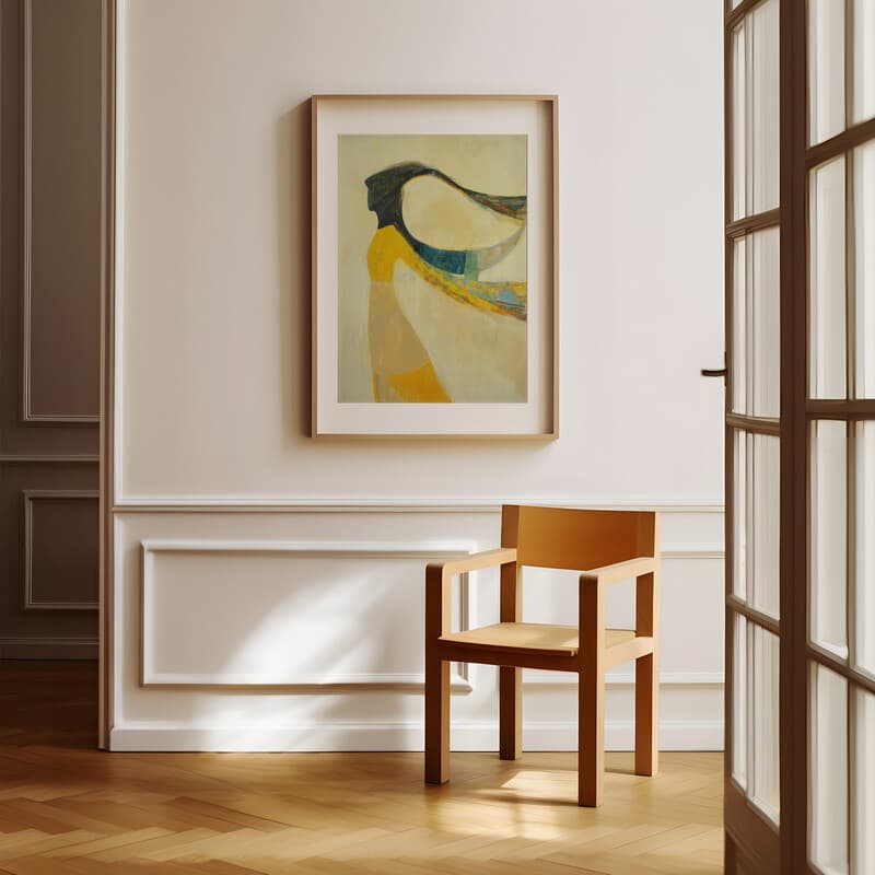 Room view with a matted frame of An abstract contemporary oil painting, a woman whipping her long hair