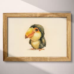 Toucan Digital Download | Wildlife Wall Decor | Animals Decor | Beige, Brown, Black, Green and Orange Print | Chibi Wall Art | Kids Art | Back To School Digital Download | Summer Wall Decor | Colored Pencil Illustration