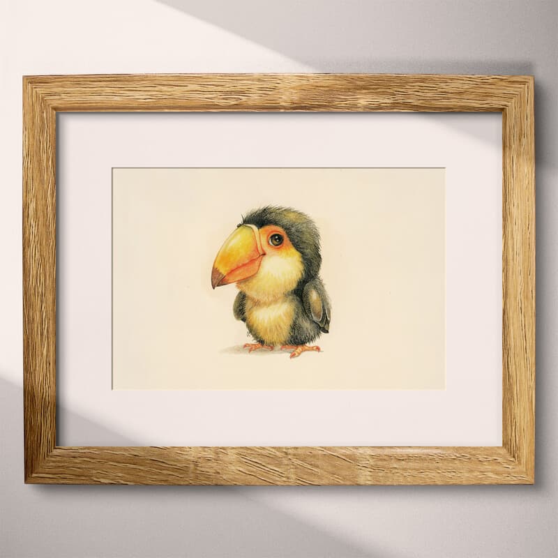 Matted frame view of A cute chibi anime colored pencil illustration, a toucan