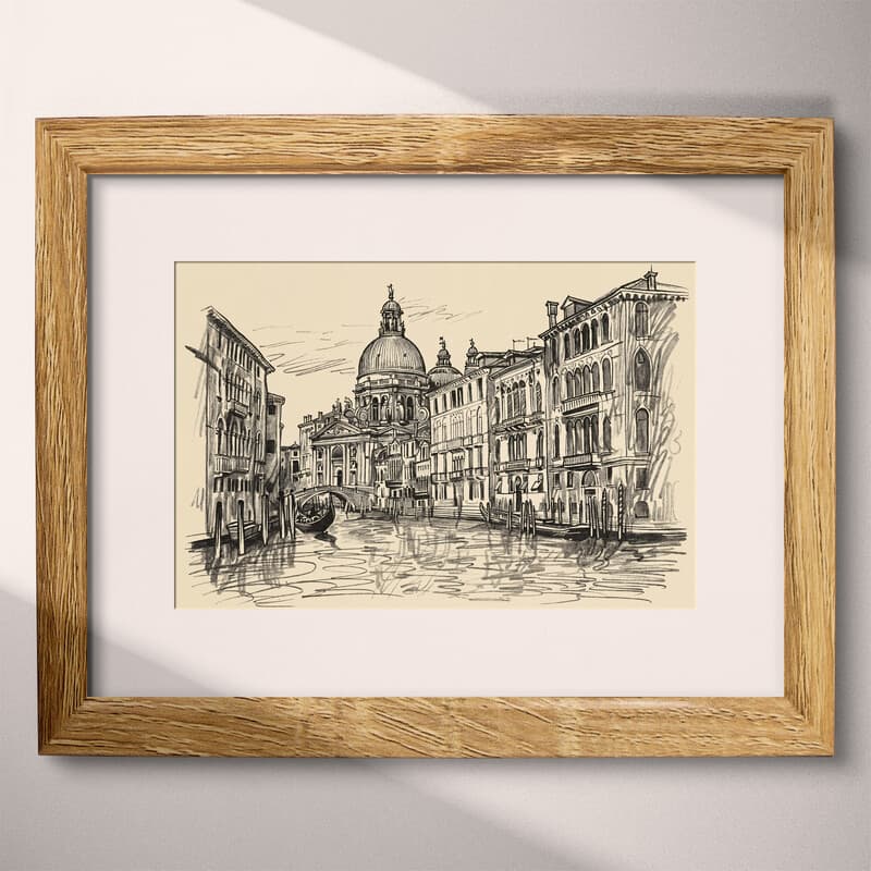 Matted frame view of A vintage ink sketch, canal architecture