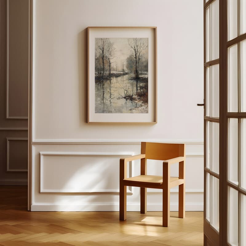 Room view with a matted frame of An impressionist oil painting, a river landscape
