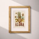 Matted frame view of A vintage pastel pencil illustration, the word "ALOHA" with a pineapple