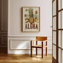 Room view with a full frame of A vintage pastel pencil illustration, the word "ALOHA" with a pineapple