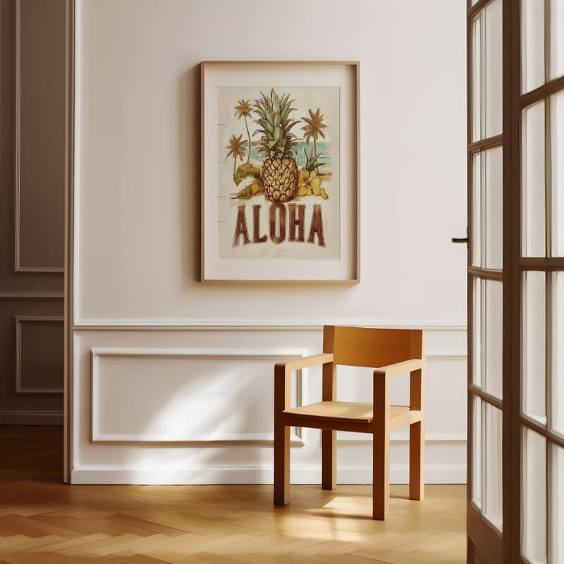 Room view with a matted frame of A vintage pastel pencil illustration, the word "ALOHA" with a pineapple