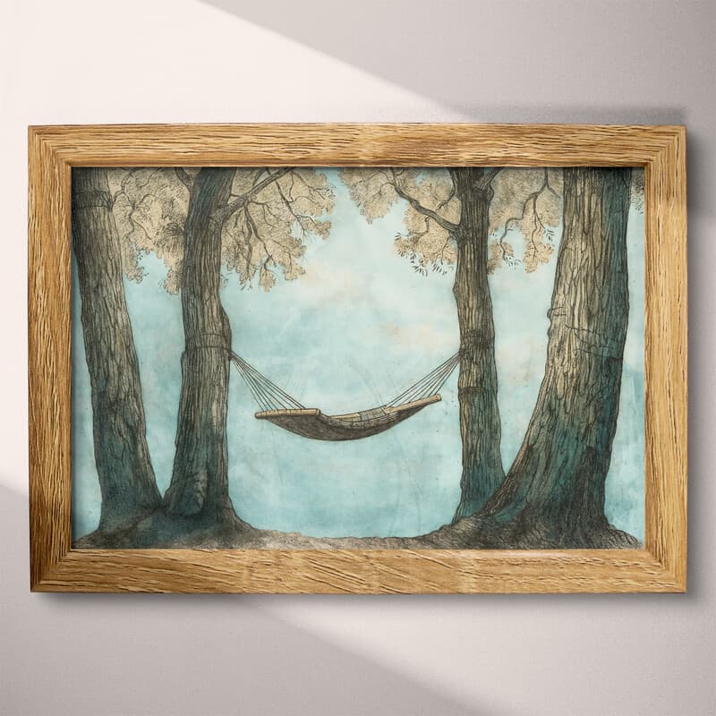 Full frame view of A vintage pastel pencil illustration, a hammock between trees