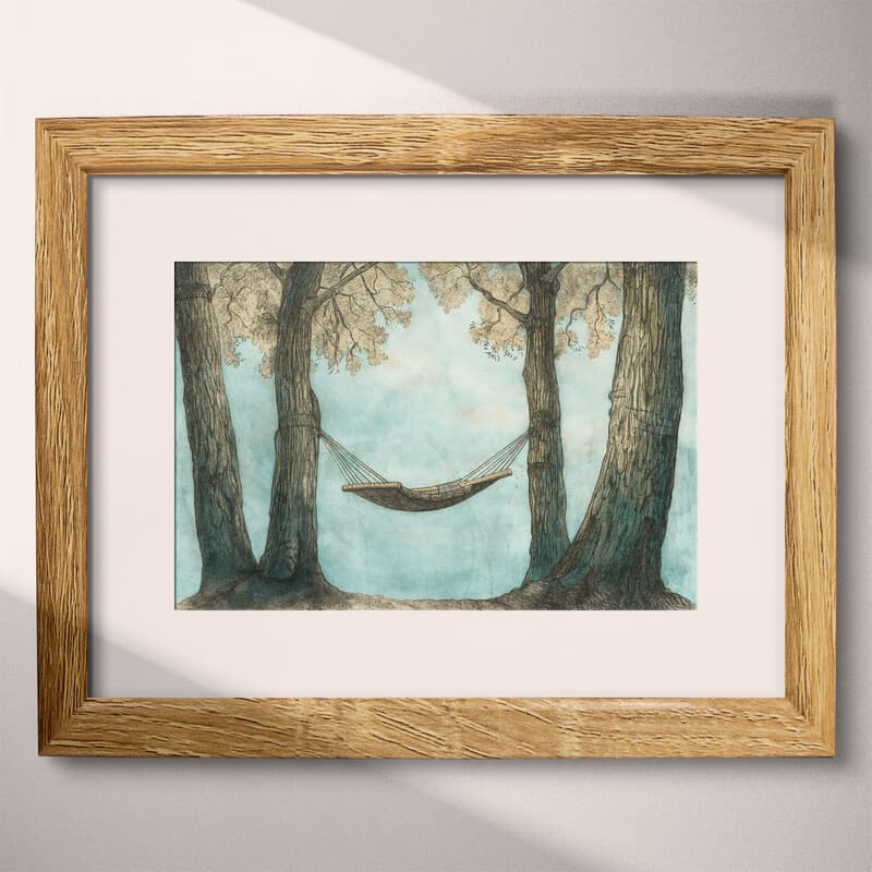 Matted frame view of A vintage pastel pencil illustration, a hammock between trees