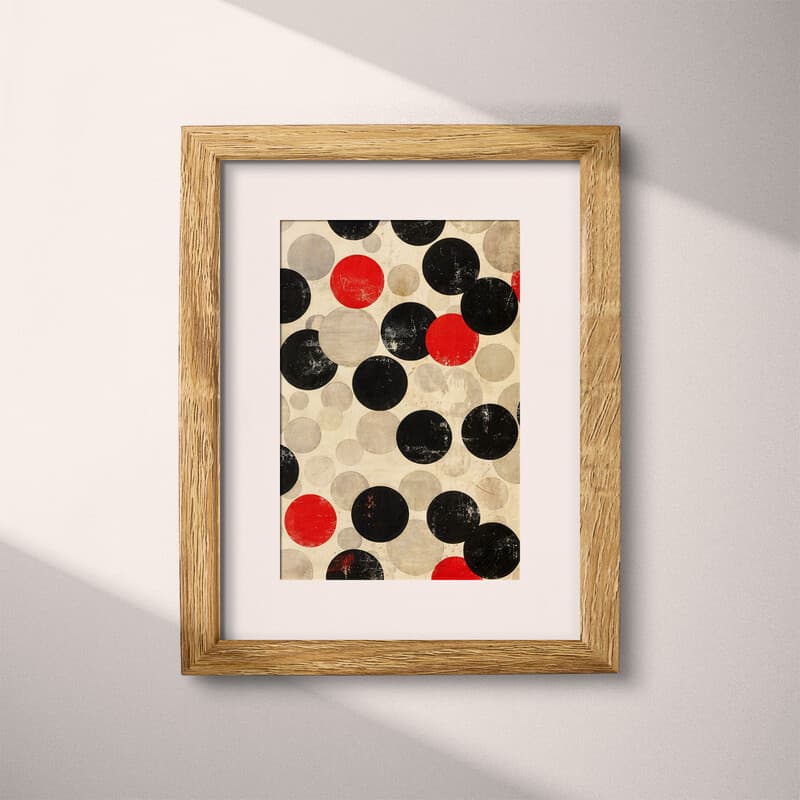 Matted frame view of A contemporary textile print, pattern of circles