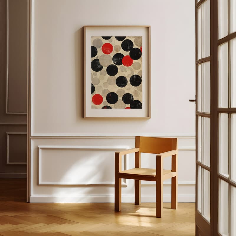 Room view with a matted frame of A contemporary textile print, pattern of circles