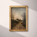 Full frame view of A rustic oil painting, country road, cottage in the distance, gray sky