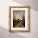 Matted frame view of A rustic oil painting, country road, cottage in the distance, gray sky