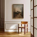 Room view with a full frame of A rustic oil painting, country road, cottage in the distance, gray sky