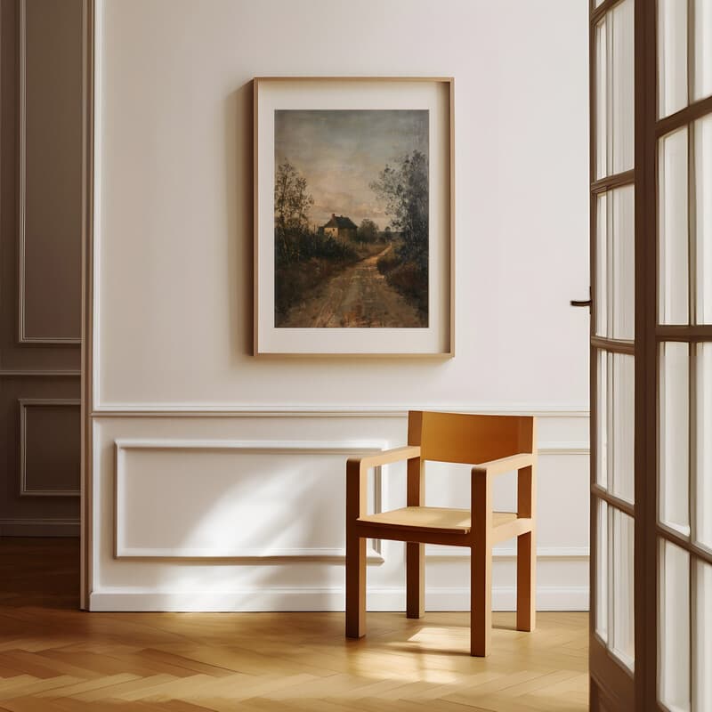 Room view with a matted frame of A rustic oil painting, country road, cottage in the distance, gray sky