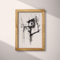 Treehouse Art | Nature Wall Art | Architecture Print | Gray and Black Decor | Vintage Wall Decor | Living Room Digital Download | Housewarming Art | Autumn Wall Art | Graphite Sketch