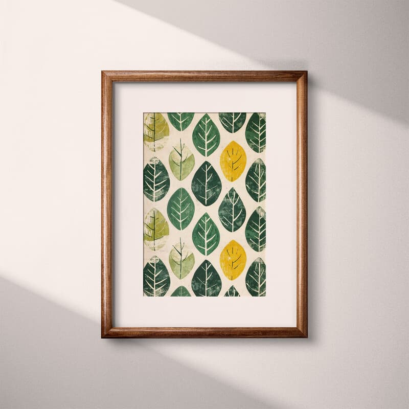 Matted frame view of A wabi sabi textile print, symmetric leaves pattern