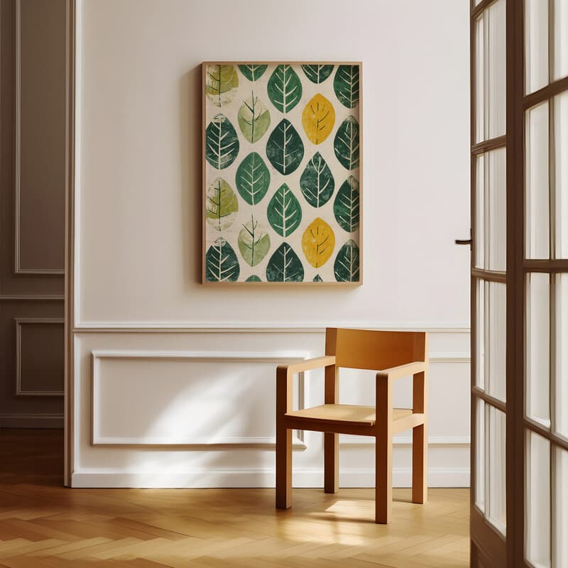 Room view with a full frame of A wabi sabi textile print, symmetric leaves pattern