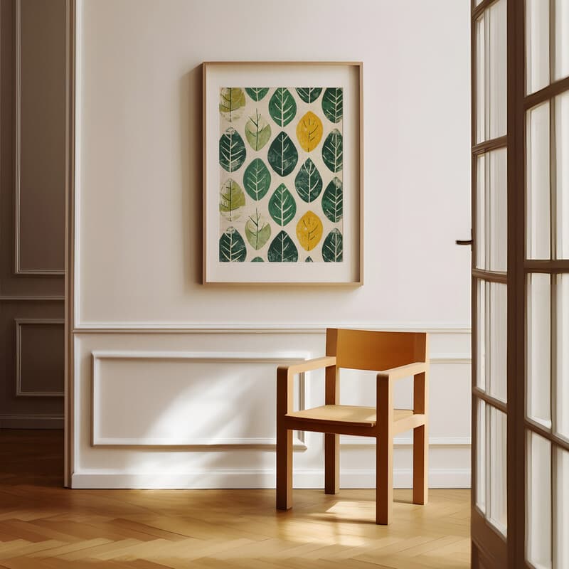 Room view with a matted frame of A wabi sabi textile print, symmetric leaves pattern