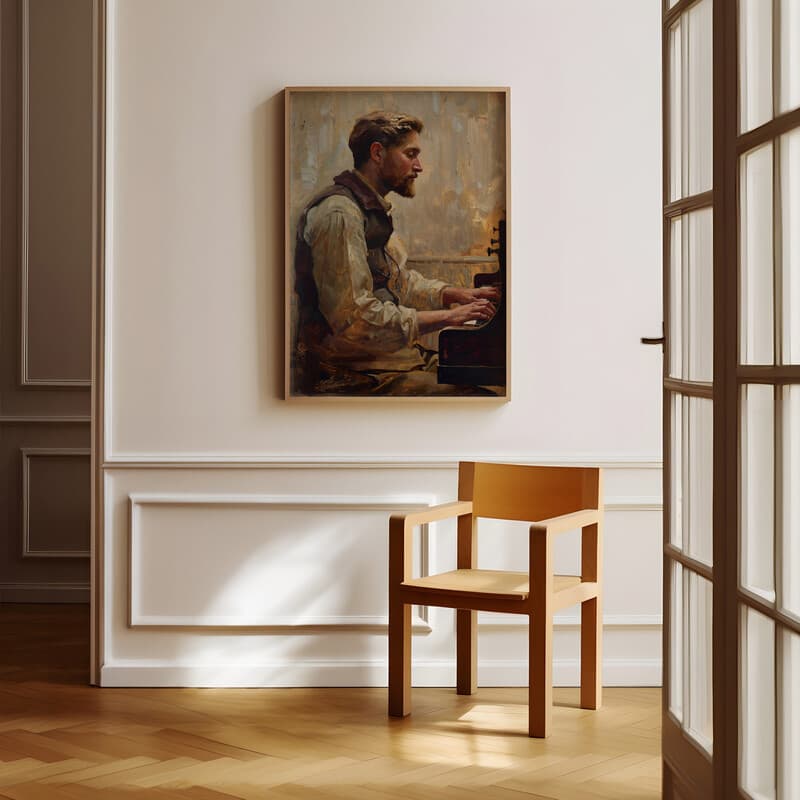 Room view with a full frame of A vintage oil painting, a man playing piano