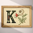 Full frame view of A vintage pastel pencil illustration, the letter "K" with a flower