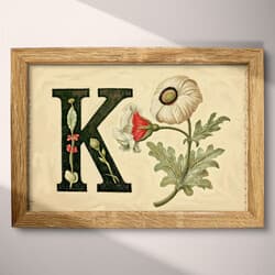 Letter K Art | Typography Wall Art | Flowers Print | White, Black, Brown, Green, Red and Orange Decor | Vintage Wall Decor | Entryway Digital Download | Back To School Art | Autumn Wall Art | Pastel Pencil Illustration