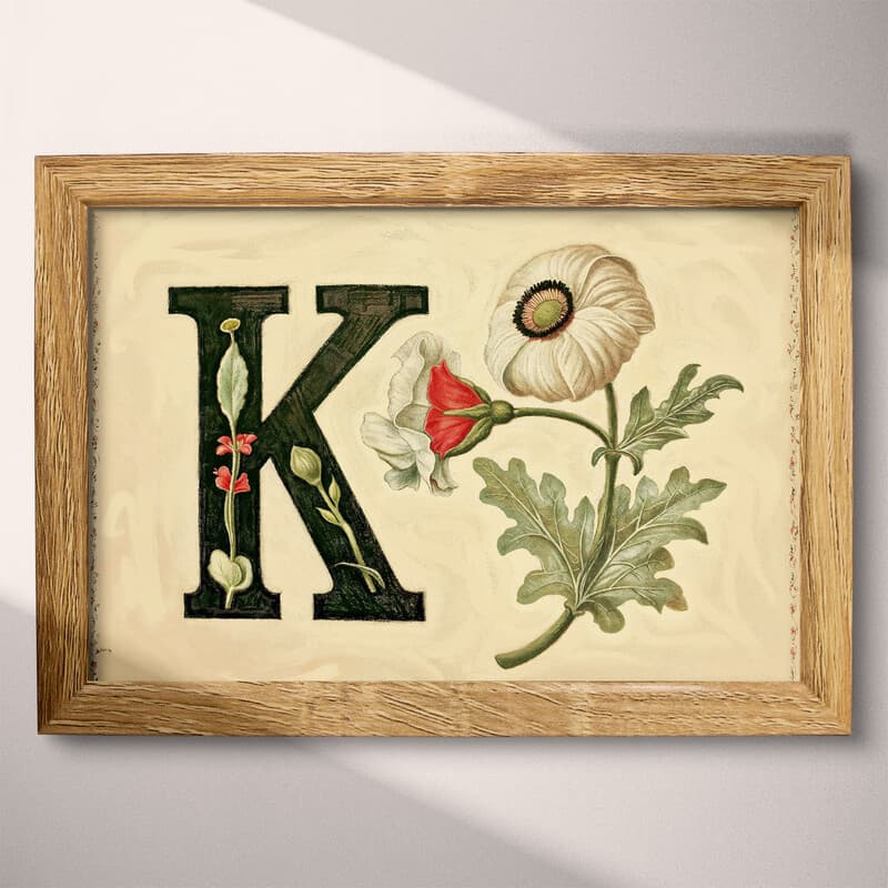 Full frame view of A vintage pastel pencil illustration, the letter "K" with a flower