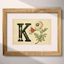 Matted frame view of A vintage pastel pencil illustration, the letter "K" with a flower