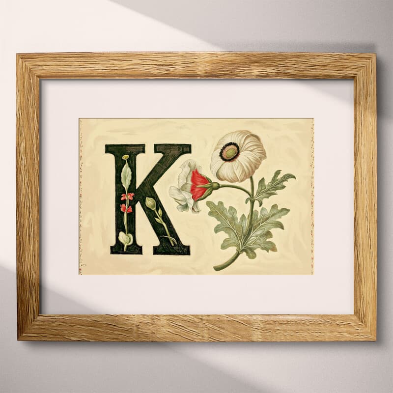 Matted frame view of A vintage pastel pencil illustration, the letter "K" with a flower