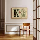 Room view with a full frame of A vintage pastel pencil illustration, the letter "K" with a flower