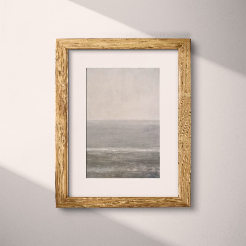 Matted frame view of An abstract impressionist oil painting, sea horizon, gray sky