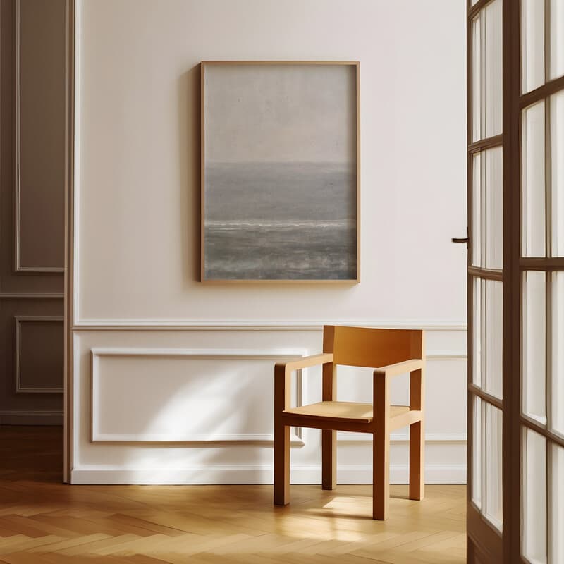 Room view with a full frame of An abstract impressionist oil painting, sea horizon, gray sky