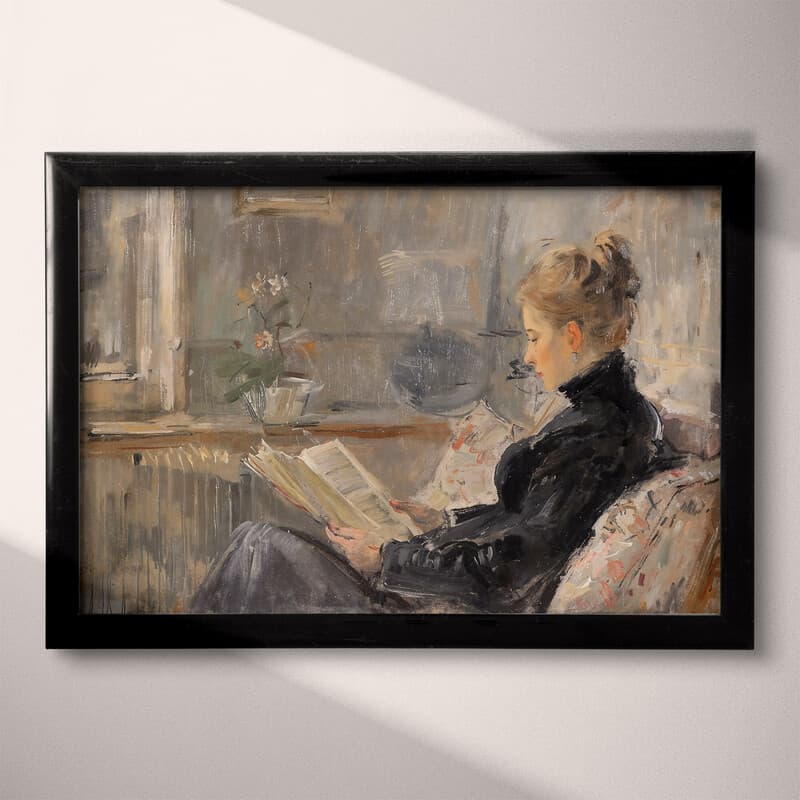 Full frame view of A vintage oil painting, a woman reading at home, distant view