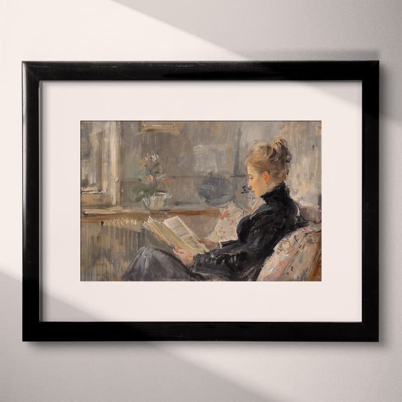 Matted frame view of A vintage oil painting, a woman reading at home, distant view