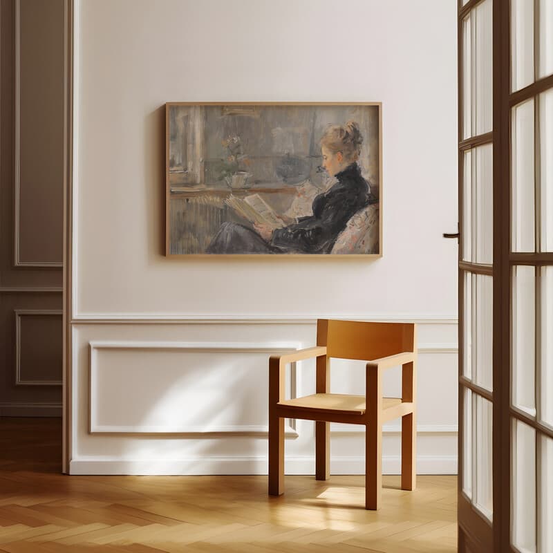 Room view with a full frame of A vintage oil painting, a woman reading at home, distant view