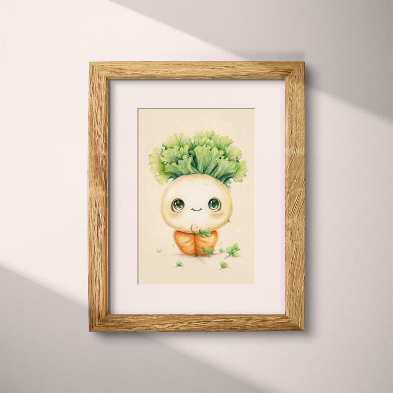 Matted frame view of A cute chibi anime colored pencil illustration, vegetables