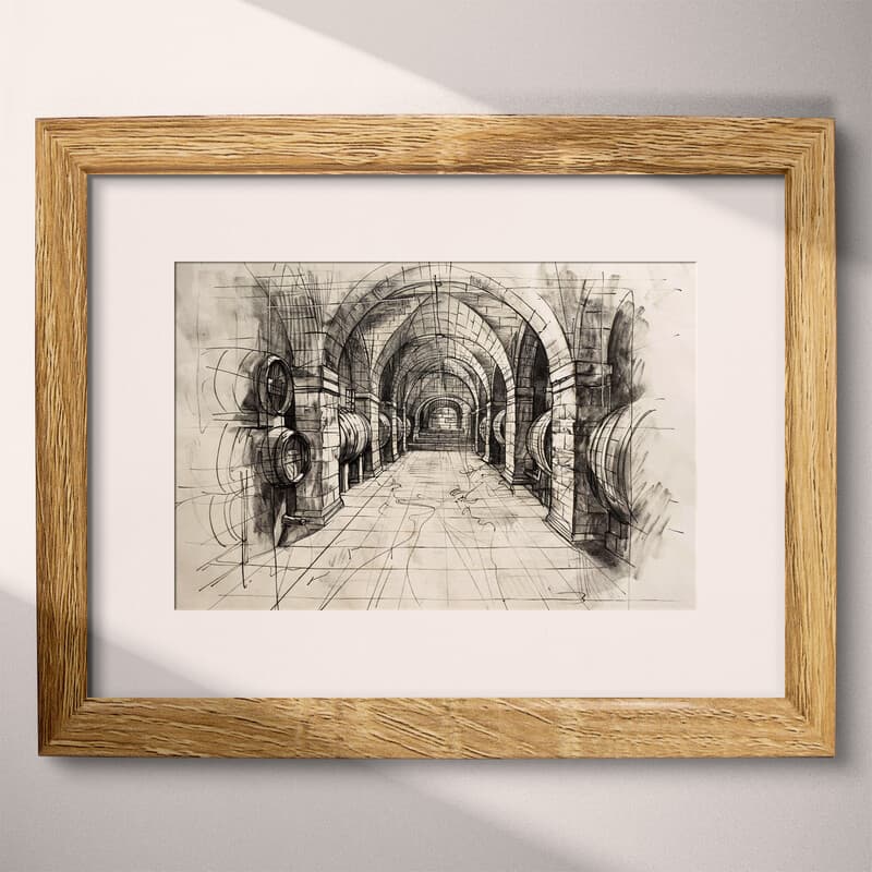 Matted frame view of A vintage charcoal sketch, a wine cellar