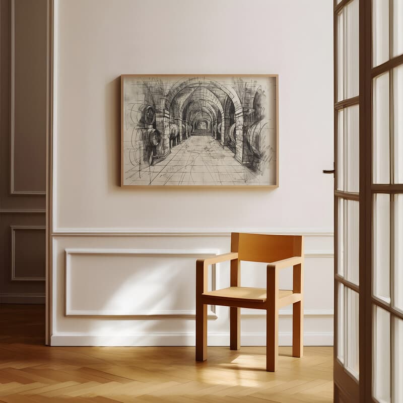 Room view with a full frame of A vintage charcoal sketch, a wine cellar