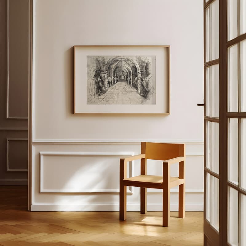 Room view with a matted frame of A vintage charcoal sketch, a wine cellar