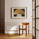 Room view with a matted frame of An art deco textile print, symmetric semi-circle pattern