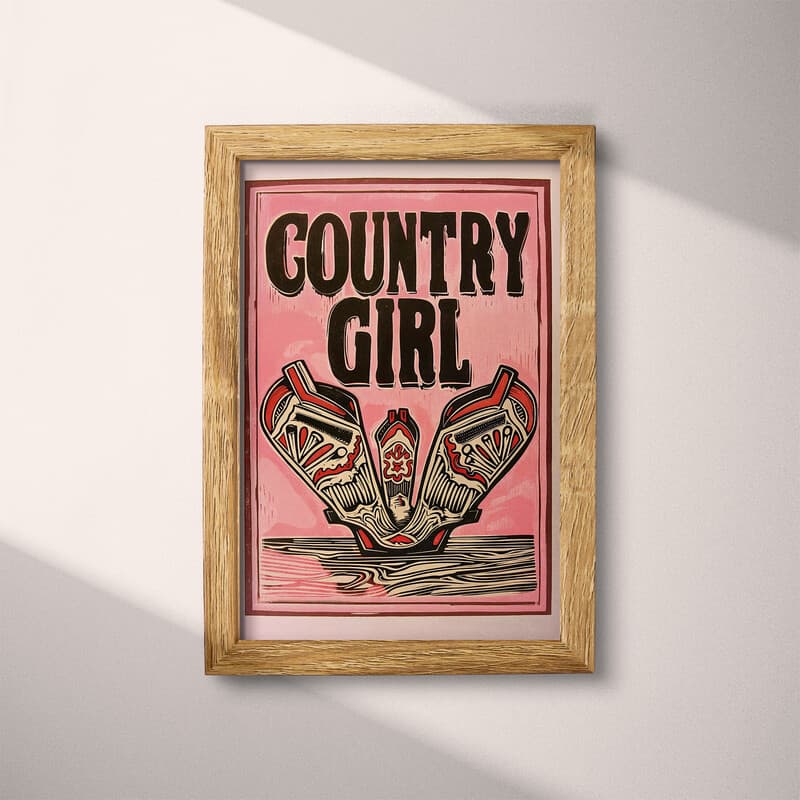 Full frame view of A vintage linocut print, the words "COUNTRY GIRL" with cowgirl boots