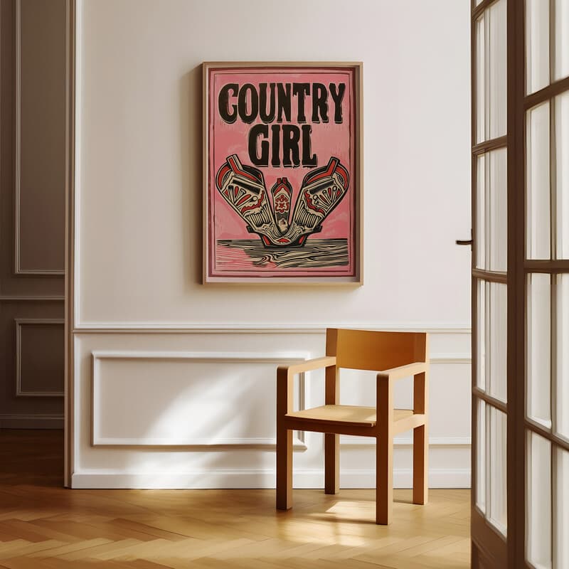 Room view with a full frame of A vintage linocut print, the words "COUNTRY GIRL" with cowgirl boots