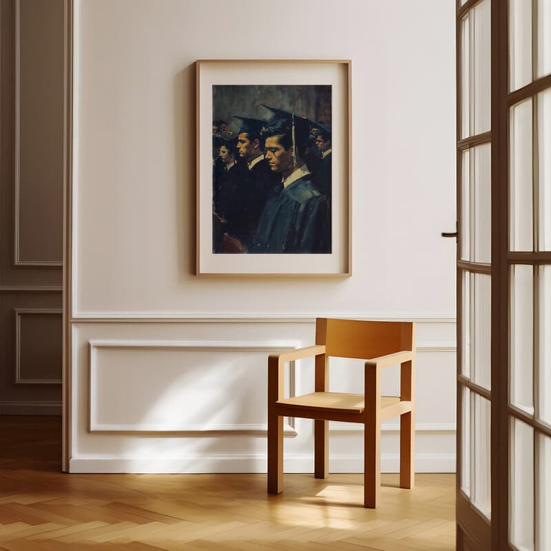 Room view with a matted frame of A mid-century oil painting, a graduation ceremony