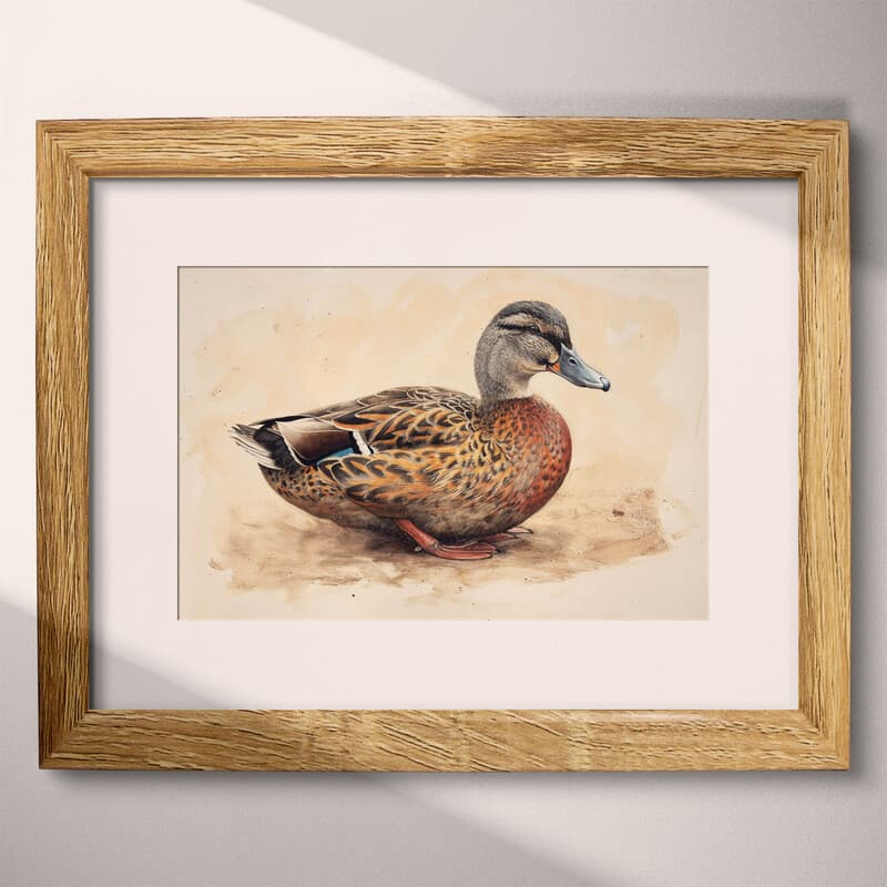 Matted frame view of A vintage pastel pencil illustration, a duck
