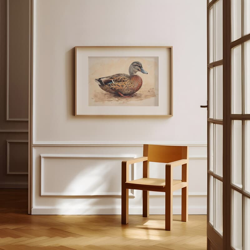 Room view with a matted frame of A vintage pastel pencil illustration, a duck