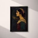 Full frame view of A vintage oil painting, a woman with a bird on her shoulder, side view