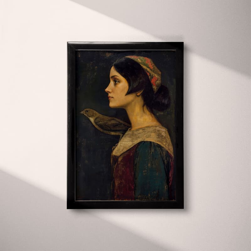 Full frame view of A vintage oil painting, a woman with a bird on her shoulder, side view