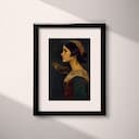 Matted frame view of A vintage oil painting, a woman with a bird on her shoulder, side view